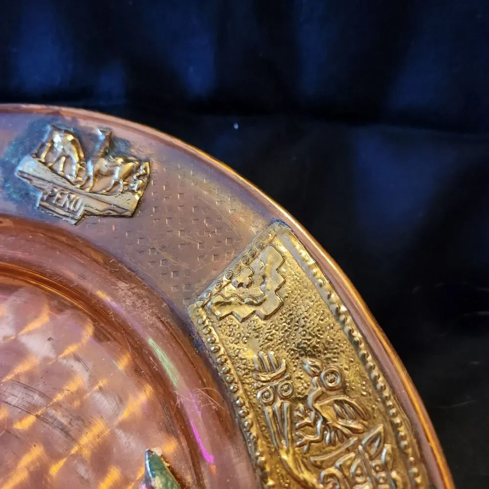 Vintage Peru Copper Metal Decorative Plate Handpainted